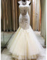 2018 Sexy Beige Lace Mermaid Wedding Dresses Beaded Tulle Ruffles Bridal Gowns Real