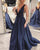 Sexy Deep V-Neck Taffeta Prom Dresses Navy Blue 2018 Backless Long Prom Gowns for Party