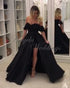 Off The Shoulder Black Elastic Satin Lace Prom Dresses 2018