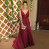 Long Prom Dresses Burgundy Satin V-Neck Chapel Train