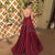 Long Prom Dresses Burgundy Satin V-Neck Chapel Train