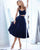 Elegant Navy Blue Two Pieces Prom Dresses Satin Ruffles Tea Length Party Gowns 2018