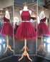 2018 Burgundy Two Piece Prom Dresses Halter Short Lace Graduation Dress