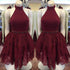 Elegant 2018 Burgundy Prom Dresses Halter Short Lace Party Gowns