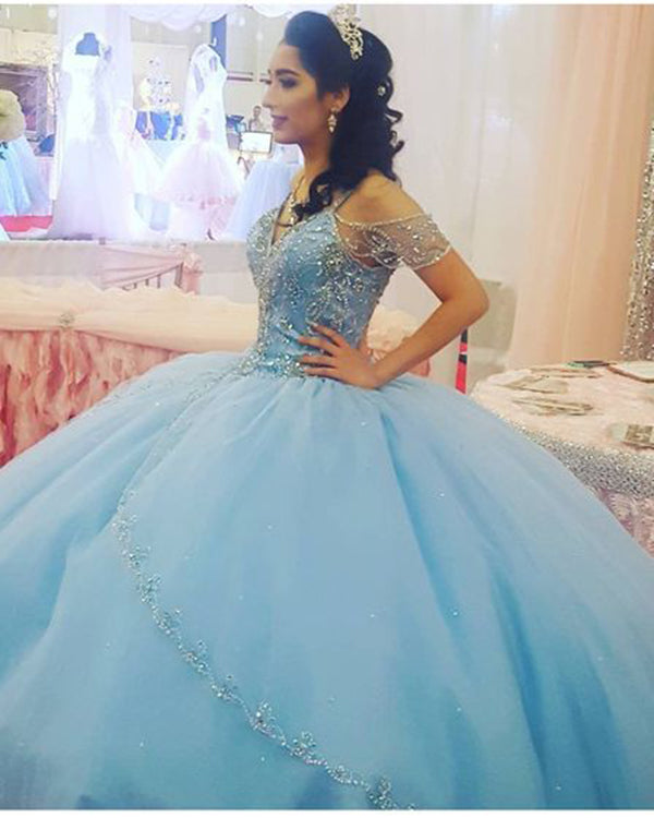 2018 Elegant Light Blue Quinceanera Dresses with Crystal Cap Sleeves T – angelaweddings