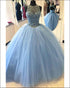 Delicate Light Sky Blue Quinceanera Dresses with Rhinestones Sheer O-Neck Tulle Puffy Ball Gown Sweet 16 Dresses