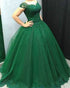 Off The Shoulder Green Quinceanera Dresses Cap Sleeve Sweet 16 Dress Lace Appliques Tulle Puffy Ball Gown 2018