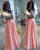 Beautiful Two Piece Prom Dresses Off The Shoulder White Lace Coral-Pink Satin Long Prom Gowns for Party