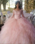 Fashion Elegant Pink Tulle Ruffles Puffy Ball Gowns Quinceanera Dresses Lace Long Sleeves