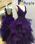 Sexy V Neckline Appliqued Lace A-line Prom Dresses Tiered Organza Skirt Long Backless Evening Gowns