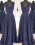 Elegant Navy Blue Evening Gowns Beaded Deep V-Neckline Lace Formal Dresses 2018
