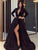 Modest Full Sleeve Satin Prom Dresses with Deep V-Neck 2019 Long Prom Gowns Split Side