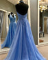 Sexy 2019 Blue Organza Prom Dresses Halter Backless Long Prom Party Gowns Formal Dress