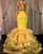 Sexy Mermaid Yellow Lace Prom Dresses with Deep V-Neck Full Sleeve Party Gowns Organza Ruffles