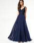 Navy Blue Prom Dresses V-Neck Lace Appliques Bodice Long Prom Evening Gown 2019