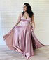 2019 Plus Size Satin Prom Dresses with V-Neck Long Prom Gowns Homecoming Dress Split