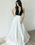 Sexy Black Velvet White Satin Prom Dresses with Deep V-Neck Long Prom Gowns 2019