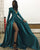 Long Sleeve Teal Green Satin Prom Dresses V-Neck Long Prom Party Gowns Split Side