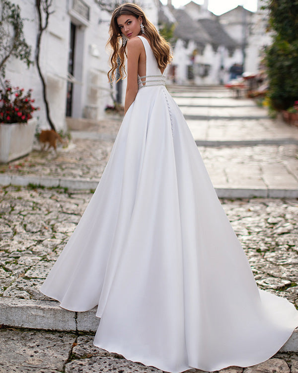 V-neck Elegant Simple Design White Satin A-line Beaded Belt Wedding Dresses, WD0240
