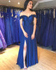 2020 Navy Blue Blue Prom Dresses Off The Shoulder Chiffon Lace Appliques Long Homecoming Gowns