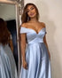 Light Blue Prom Dresses Off The Shoulder Satin Long Prom Gowns Fashion
