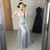 Dubai Luxurious V-Neck Gray Evening Gowns 2021 Long Sleeves Diamond Beaded Mermaid Formal Dress AW70341
