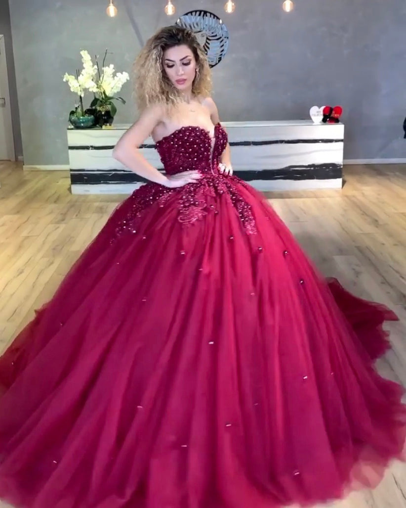Burgundy Quinceanera Dress Sexy Deep V-Neck Tulle Skirts Lace Applique – angelaweddings