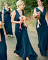 Dark Green Chiffon Bridesmaid Dresses V-Neck Maid of Honor Party Gowns Cowl Back Floor Length