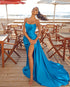 Sexy Blue Satin Prom Dresses Sheath Split Side Strapless Long Pageant Party Gowns AW181119