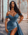 2022 Steel-Blue Satin Prom Dresses Beaded Off The Shoulder Sheath Long Prom Gowns Split Side