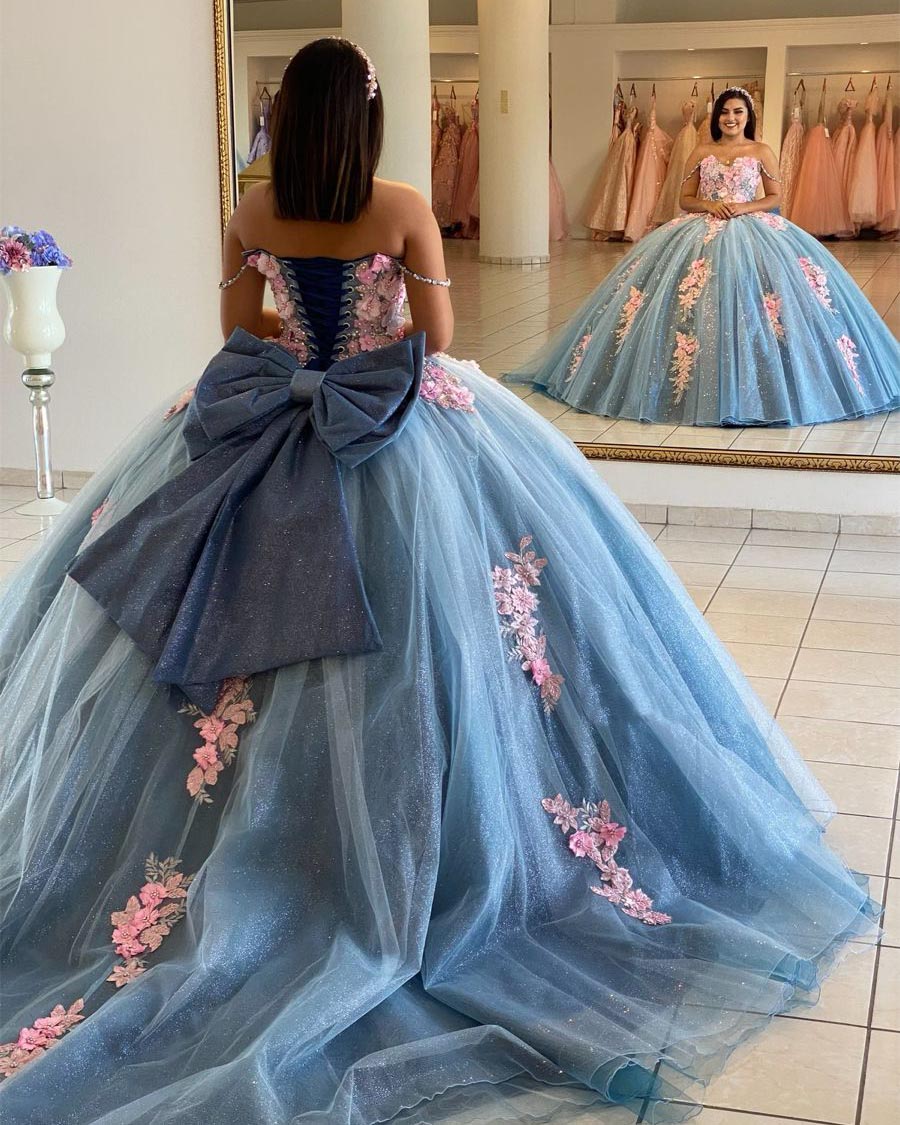 Strapless Long Sleeves Beaded Appliques Bow Knot Navy Blue Sweet 16 Quinceanera Dress WQ1262