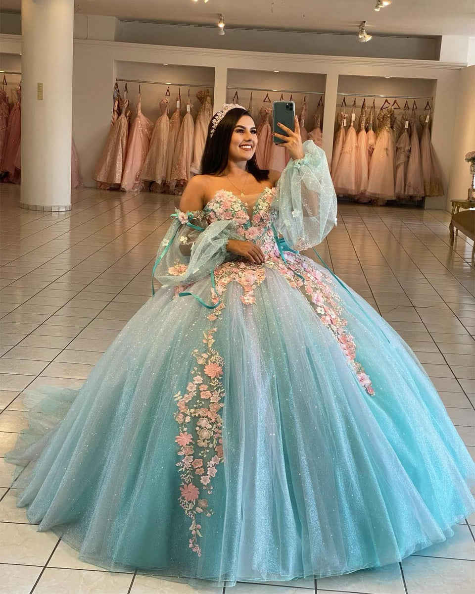 Ice Blue Quince Dress Beautiful Ice Blue Quinceanera Dress With 3D Flowers Floral Sweet 16 Dress Ice Blue Quince Dress Beautiful Ice Blue Quinceanera Dress With 3D Flowers Floral Sweet 16 Dress