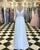 Sexy V-Neck Blue Prom Dresses with Lace Beadings Long Chiffon Party Gowns 2020