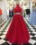 Delicate Red Lace Prom Dresses with Halter Long Tulle Two Pieces Prom Gowns 2018