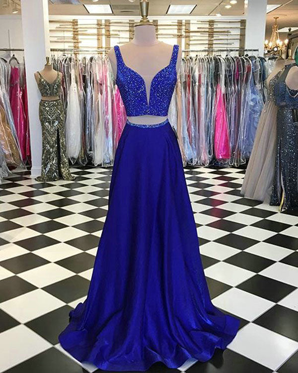 Royal Blue Two Piece Prom Dresses with V Neckline 2018 Sexy Prom Gowns – angelaweddings