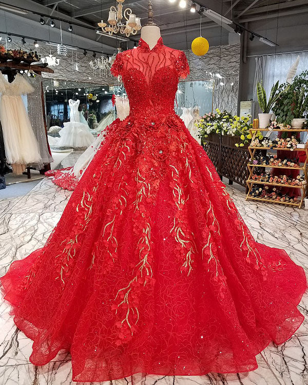 2018 Red Lace Ball Gown Wedding Dresses with High Neck Gorgeous Wedding Gowns with Beadings