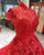 2018 Red Lace Ball Gown Wedding Dresses with High Neck Gorgeous Wedding Gowns with Beadings
