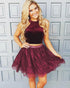 Popular Real Burgundy Lace Two Pieces Homecoming Dresses Short Prom Gowns