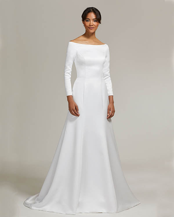 Modern Satin Wedding Dress 2018 Full Sleeve Sabrina Neckline Elegant S – angelaweddings