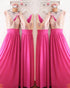 Gold Sequins Hot Pink Chiffon Bridesmaid Dresses Ruffles V-Neck Floor Length