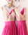Gold Sequins Hot Pink Chiffon Bridesmaid Dresses Ruffles V-Neck Floor Length