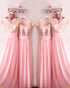 Champagne Sequins Pink Chiffon Bridesmaid Dresses Short Sleeves Ruffles V-Neck Floor Length