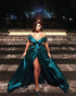2018 Hunter Green Elastic Satin Prom Dresses Split Long Prom Party Gowns Fashion