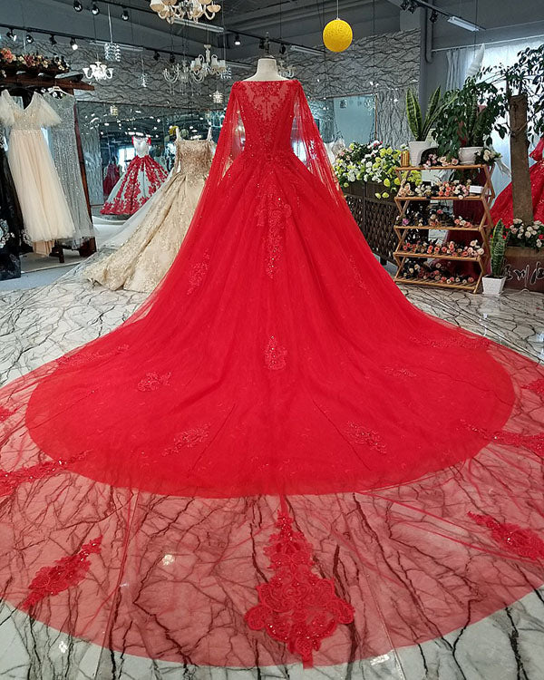 Elegant Red Lace Tulle Ball Gown Wedding Dresses with Full Sleeve 2018 Gorgeous Bridal Gowns with Cape Elegant Red Lace Tulle Ball Gown Wedding Dresses with Full Sleeve 2018 Gorgeous Bridal Gowns with Cape