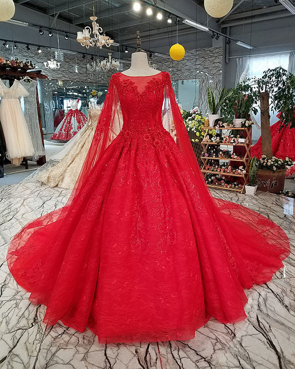 Elegant Red Lace Tulle Ball Gown Wedding Dresses with Full Sleeve 2018 Gorgeous Bridal Gowns with Cape Elegant Red Lace Tulle Ball Gown Wedding Dresses with Full Sleeve 2018 Gorgeous Bridal Gowns with Cape