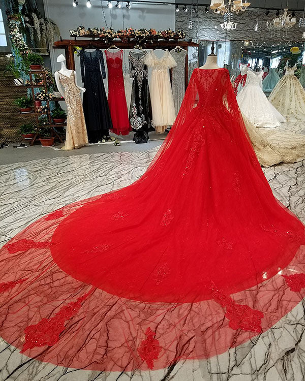 Elegant Red Lace Tulle Ball Gown Wedding Dresses with Full Sleeve 2018 Gorgeous Bridal Gowns with Cape Elegant Red Lace Tulle Ball Gown Wedding Dresses with Full Sleeve 2018 Gorgeous Bridal Gowns with Cape