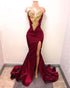Sexy 2018 Burgundy Mermaid Prom Dresses with Gold Lace Evening Dresses Party Gowns with Slit