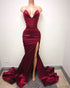 Sexy 2018 Burgundy Mermaid Prom Dresses with Split Side Simple Strapless Evening Dresses Party Gowns