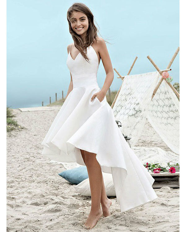 High Low Spaghetti Straps Backless Satin Beach Wedding Dress with Pockets High Low Spaghetti Straps Backless Satin Beach Wedding Dress with Pockets