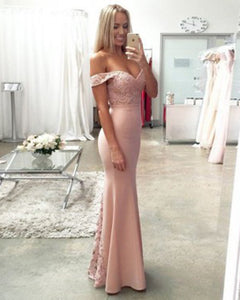Sexy Mermaid Pink Prom Dresses with Lace Off The Shoulder Party Gowns